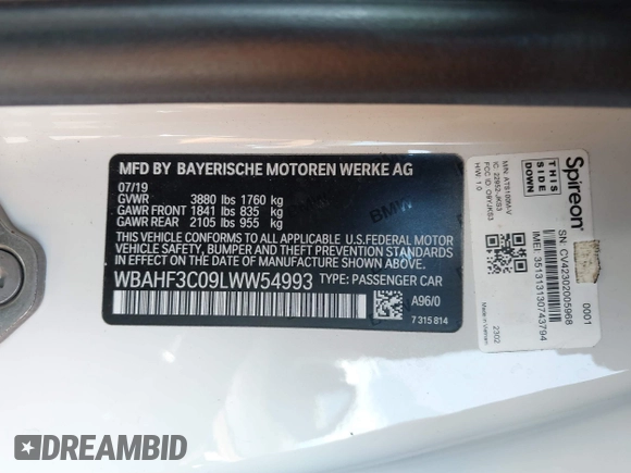 2020 BMW Z4 sDrive30i z VIN WBAHF3C09LWW54993, wystawiony jako IAAI lot #41757841 z przebiegiem Nie podano mil oraz . Historia ofert i sprzedaży dostępna na DreamBid. Obrazek 9.