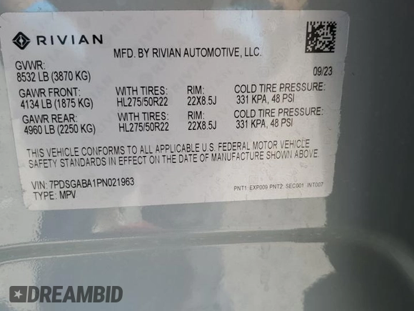 2023 Rivian R1S Adventure z VIN 7PDSGABA1PN021963, wystawiony jako Copart lot #43451105 z przebiegiem 165 mil mil oraz Szkody całkowita. Historia ofert i sprzedaży dostępna na DreamBid. Obrazek 14.