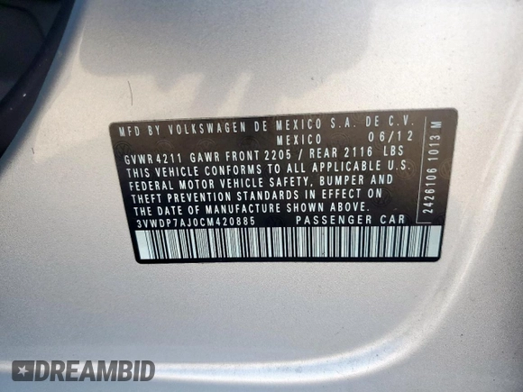 2012 Volkswagen Jetta SE z VIN 3VWDP7AJ0CM420885, wystawiony jako Copart lot #57722645 z przebiegiem 162 136 mil mil oraz Czysty tytuł • Clean title. Historia ofert i sprzedaży dostępna na DreamBid. Obrazek 13.