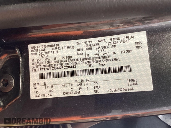 2019 Ford F-150 XL z VIN 1FTEW1CB4KFC20443, wystawiony jako IAAI lot #42806612 z przebiegiem 56 767 mil mil oraz . Historia ofert i sprzedaży dostępna na DreamBid. Obrazek 5.