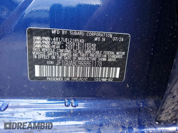 2024 Subaru Impreza with VIN JF1GUABC9R8861178, listed as a Copart auction lot 81965334 with 799 mi miles and Salvage Title. Bid and sale history available at carsss.com. Image 12.