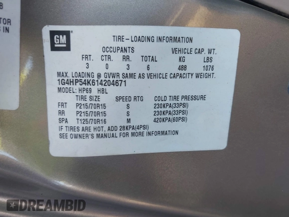 2001 Buick LeSabre Custom with VIN 1G4HP54K614204671, listed as a IAAI auction lot 41663091 with Not Provided miles and . Bid and sale history available at DreamBid. Image 9.
