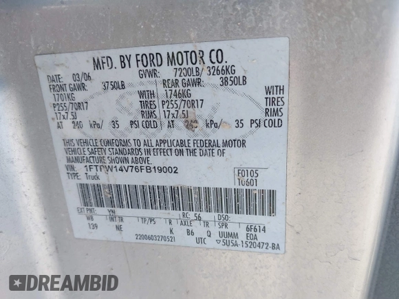 2006 Ford F-150 XLT with VIN 1FTPW14V76FB19002, listed as a IAAI auction lot 41734432 with 165,127 mi miles and . Bid and sale history available at carsss.com. Image 9.