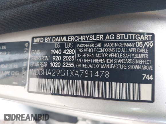 1999 Mercedes-Benz C 230/260/280/320 with VIN WDBHA29G1XA781478, listed as a IAAI auction lot 42051212 with Not Provided miles and . Bid and sale history available at DreamBid. Image 9.
