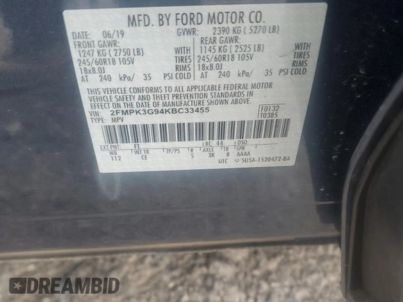2019 Ford Edge SE z VIN 2FMPK3G94KBC33455, wystawiony jako Copart lot #64469655 z przebiegiem 22 634 mil mil oraz Szkoda całkowita • Salvage title. Historia ofert i sprzedaży dostępna na DreamBid. Obrazek 13.