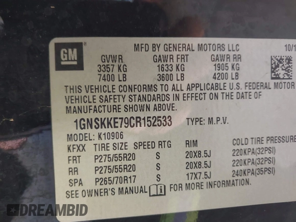 2012 Chevrolet Suburban LTZ with VIN 1GNSKKE79CR152533, listed as a IAAI auction lot 42191961 with 175,618 mi miles. Bid and sale history available at carsss.com. Image 9.