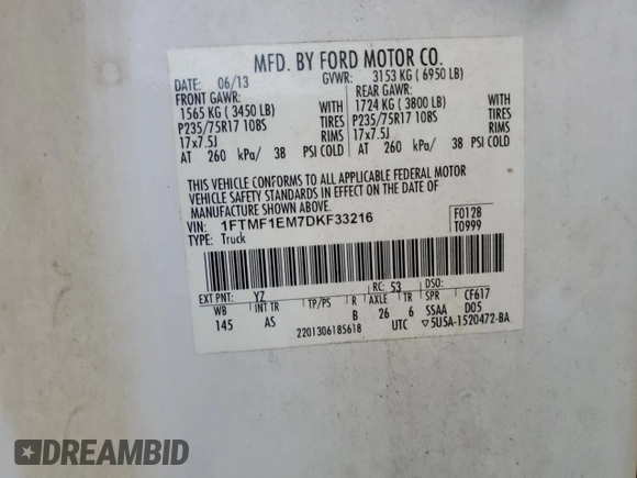 2013 Ford F-150 XL with VIN 1FTMF1EM7DKF33216, listed as a Copart auction lot 62517605 with 170,983 mi miles and Clean title. Bid and sale history available at DreamBid. Image 12.