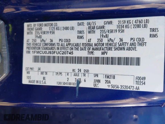 2015 Ford Escape Titanium with VIN 1FMCU0J93FUC20745, listed as a IAAI auction lot 41781551 with 174,538 mi miles and . Bid and sale history available at DreamBid. Image 9.