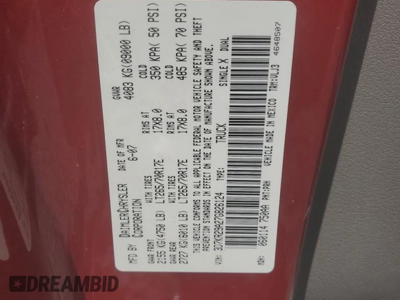 2007 Dodge Ram 2500 SLT with VIN 3D7KR29A27G826124, listed as a Copart auction lot 63529684 with 197,838 mi miles and Salvage Title. Bid and sale history available at carsss.com. Image 12.
