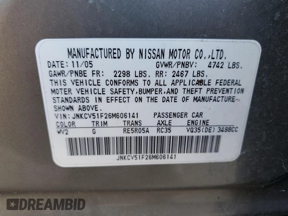 2006 Infiniti G35 with VIN JNKCV51F26M606141, listed as a Copart auction lot 76405854 with Not Provided miles and Clean Title. Bid and sale history available at DreamBid. Image 12.