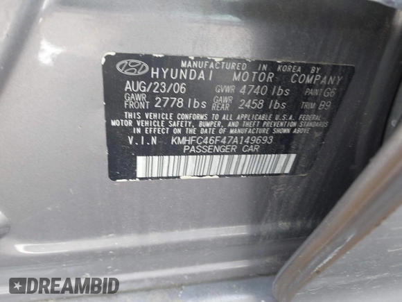 2007 Hyundai Azera SE with VIN KMHFC46F47A149693, listed as a IAAI auction lot 42060439 with 190,317 mi miles and . Bid and sale history available at DreamBid. Image 9.