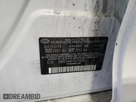 2015 Hyundai Sonata Sport with VIN 5NPE34AF1FH116102, listed as a Copart auction lot 58657855 with 111,726 mi miles and Salvage title. Bid and sale history available at DreamBid. Image 13.