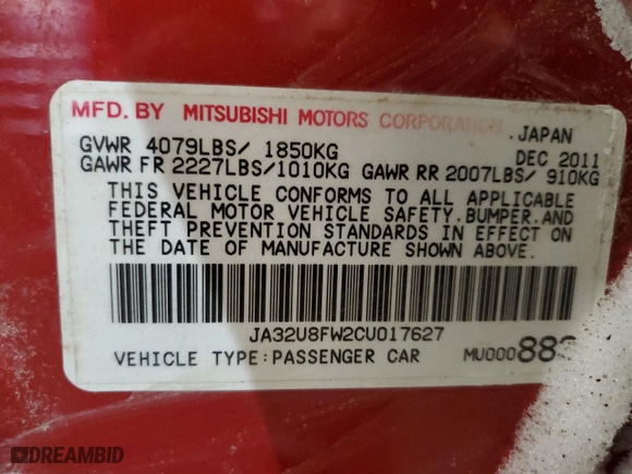 2012 Mitsubishi Lancer GT with VIN JA32U8FW2CU017627, listed as a Copart auction lot 45997075 with 180865 miles and Salvage Title. Bid and sale history available at carsss.com. Image 12.