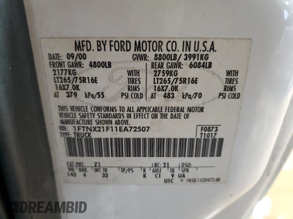 2001 Ford Super Duty F-250 XL with VIN 1FTNX21F11EA72507, listed as a Copart auction lot 41927455 with 257,889 mi miles and Salvage Title. Bid and sale history available at carsss.com. Image 15.