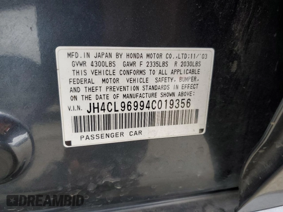 2004 Acura TSX w/Navigation with VIN JH4CL96994C019356, listed as a Copart auction lot 43169425 with 161,442 mi miles and Salvage Title. Bid and sale history available at carsss.com. Image 12.