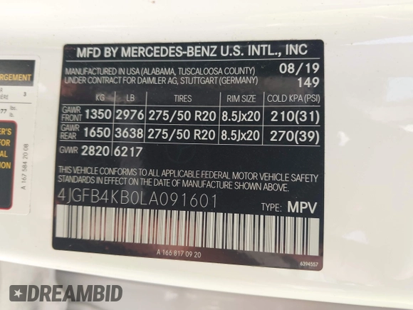 2020 Mercedes-Benz GLE 350 с VIN 4JGFB4KB0LA091601, выставлен на аукционе IAAI как лот 42590984 с пробегом 83 491 миль миль и . История ставок и продаж доступна на DreamBid. Изображение 9.
