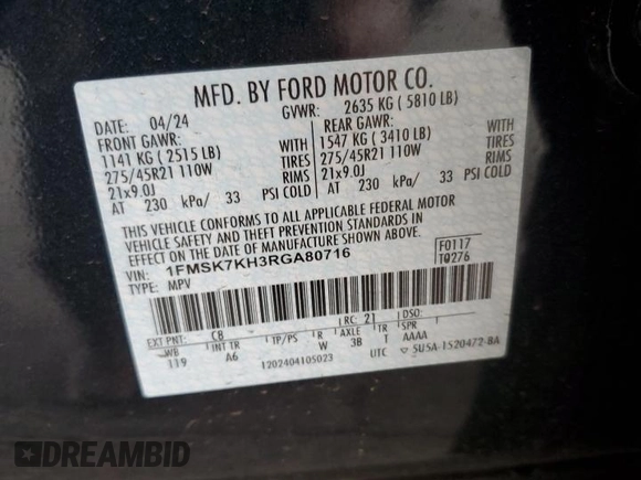 2024 Ford Explorer ST-Line z VIN 1FMSK7KH3RGA80716, wystawiony jako Copart lot #51123065 z przebiegiem 7 265 mil mil oraz Szkoda całkowita • Salvage title. Historia ofert i sprzedaży dostępna na DreamBid. Obrazek 15.