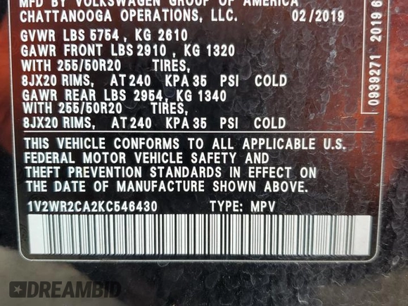 2019 Volkswagen Atlas SE with VIN 1V2WR2CA2KC546430, listed as a Copart auction lot 54391785 with 145,839 mi miles and Salvage title. Bid and sale history available at DreamBid. Image 13.