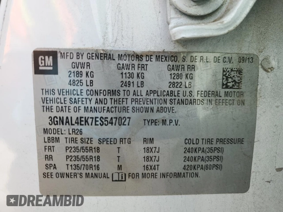 2014 Chevrolet Captiva Sport LTZ with VIN 3GNAL4EK7ES547027, listed as a Copart auction lot 48810375 with 77,306 mi miles and Salvage Title. Bid and sale history available at DreamBid. Image 14.