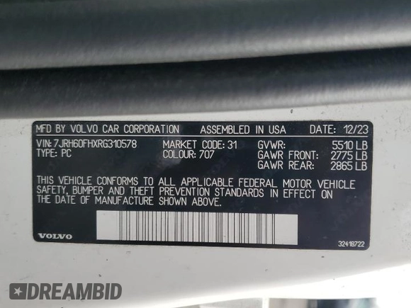 2024 Volvo S60 Plus Black Edition with VIN 7JRH60FHXRG310578, listed as a Copart auction lot 83423344 with Not provided miles and Clean title. Bid and sale history available at DreamBid. Image 12.