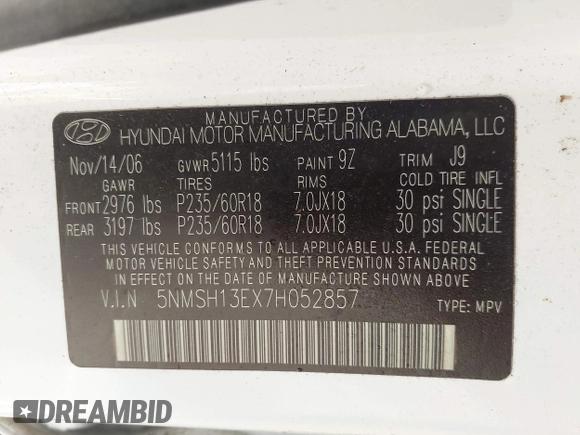 2007 Hyundai Santa Fe SE with VIN 5NMSH13EX7H052857, listed as a IAAI auction lot 42548659 with 136,445 mi miles and . Bid and sale history available at DreamBid. Image 9.