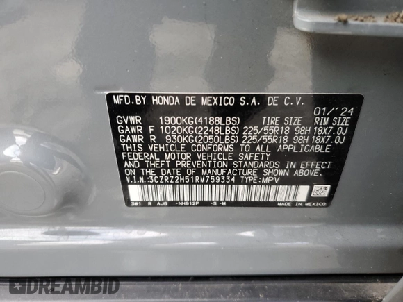 2024 Honda HR-V Sport with VIN 3CZRZ2H51RM759334, listed as a Copart auction lot 87272894 with 21,509 mi miles and Salvage title. Bid and sale history available at DreamBid. Image 15.