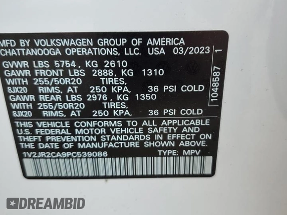 2023 Volkswagen Atlas SE with VIN 1V2JR2CA9PC539086, listed as a Copart auction lot 64384524 with Not provided miles and Salvage title. Bid and sale history available at DreamBid. Image 13.