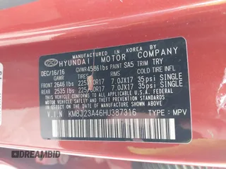 2017 Hyundai Tucson SE z VIN KM8J23A46HU387316, wystawiony jako IAAI lot #42074274 z przebiegiem Nie podano mil oraz . Historia ofert i sprzedaży dostępna na DreamBid. Obrazek 9.