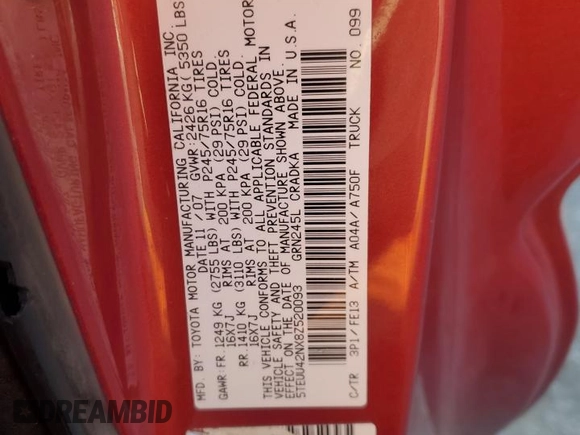 2008 Toyota Tacoma z VIN 5TEUU42NX8Z520093, wystawiony jako Copart lot #49413735 z przebiegiem 131 142 mil mil oraz Szkoda całkowita • Salvage title. Historia ofert i sprzedaży dostępna na DreamBid. Obrazek 12.