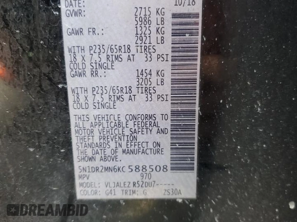 2019 Nissan Pathfinder SV z VIN 5N1DR2MN6KC588508, wystawiony jako Copart lot #53948375 z przebiegiem 148 239 mil mil oraz Szkoda całkowita • Salvage title. Historia ofert i sprzedaży dostępna na DreamBid. Obrazek 14.