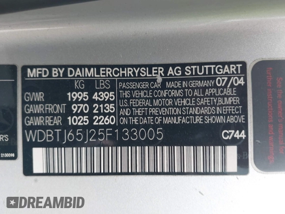 2005 Mercedes-Benz CLK 320 with VIN WDBTJ65J25F133005, listed as a IAAI auction lot 42052519 with 158,186 mi miles and . Bid and sale history available at DreamBid. Image 9.