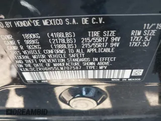 2020 Honda HR-V EX with VIN 3CZRU6H55LM707587, listed as a IAAI auction lot 41601932 with 44,102 mi miles. Bid and sale history available at carsss.com. Image 9.