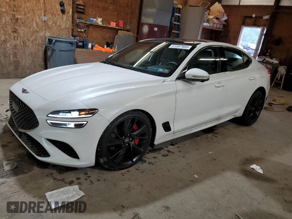 2023 Genesis G70 3.3T with VIN KMTG54TE3PU134147, listed as a Copart auction lot 61597955 with 9,863 mi miles and Salvage title. Bid and sale history available at DreamBid. Image 1.
