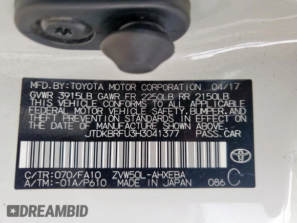 2017 Toyota Prius Two z VIN JTDKBRFU3H3041377, wystawiony jako Copart lot #58747625 z przebiegiem 54 773 mil mil oraz Szkoda całkowita • Salvage title. Historia ofert i sprzedaży dostępna na DreamBid. Obrazek 12.