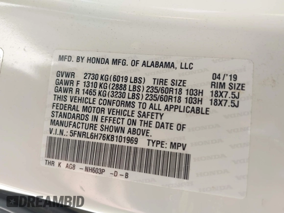 2019 Honda Odyssey EX-L with VIN 5FNRL6H76KB101969, listed as a IAAI auction lot 41985816 with 107,309 mi miles. Bid and sale history available at carsss.com. Image 9.