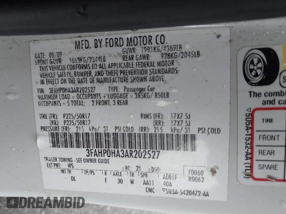 2010 Ford Fusion SE with VIN 3FAHP0HA3AR202527, listed as a IAAI auction lot 41698369 with 194,621 mi miles. Bid and sale history available at carsss.com. Image 9.