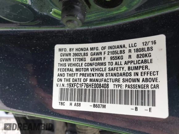 2017 Honda Civic EX-L with VIN 19XFC1F76HE008408, listed as a IAAI auction lot 42365568 with 59,948 mi miles and . Bid and sale history available at DreamBid. Image 9.