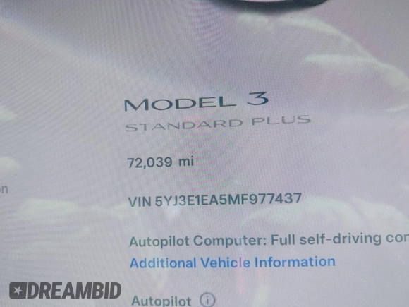 2021 Tesla Model 3 Standard Range Plus z VIN 5YJ3E1EA5MF977437, wystawiony jako IAAI lot #40297512 z przebiegiem 72 039 mil mil oraz . Historia ofert i sprzedaży dostępna na DreamBid. Obrazek 15.