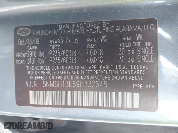 2009 Hyundai Santa Fe SE with VIN 5NMSH13E69H332648, listed as a IAAI auction lot 41948343 with 164,653 mi miles and . Bid and sale history available at DreamBid. Image 9.