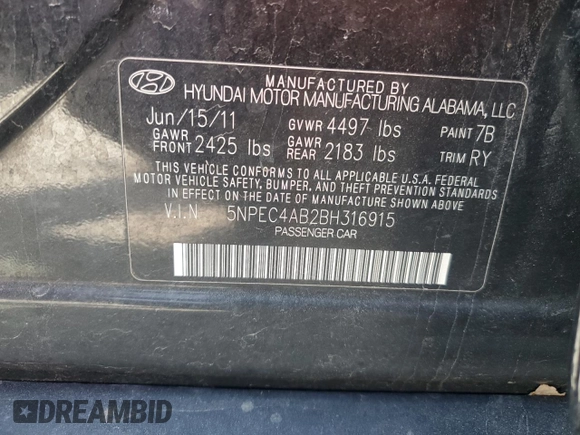 2011 Hyundai Sonata Limited with VIN 5NPEC4AB2BH316915, listed as a Copart auction lot 51087745 with 127,523 mi miles and Salvage Title. Bid and sale history available at DreamBid. Image 13.