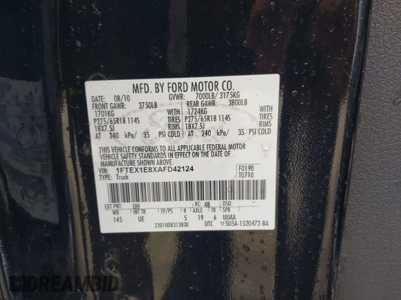 2010 Ford F-150 XL with VIN 1FTEX1E8XAFD42124, listed as a IAAI auction lot 42498070 with 92,876 mi miles and . Bid and sale history available at DreamBid. Image 9.