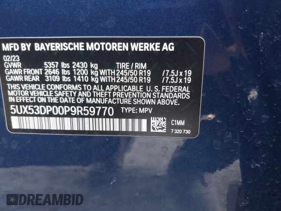 2023 BMW X3 xDrive30i with VIN 5UX53DP00P9R59770, listed as a IAAI auction lot 42054590 with 21,287 mi miles and . Bid and sale history available at DreamBid. Image 9.