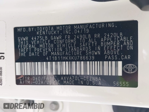2019 Toyota Camry LE z VIN 4T1B11HKXKU786639, wystawiony jako IAAI lot #42212321 z przebiegiem 82 843 mil mil oraz . Historia ofert i sprzedaży dostępna na DreamBid. Obrazek 9.