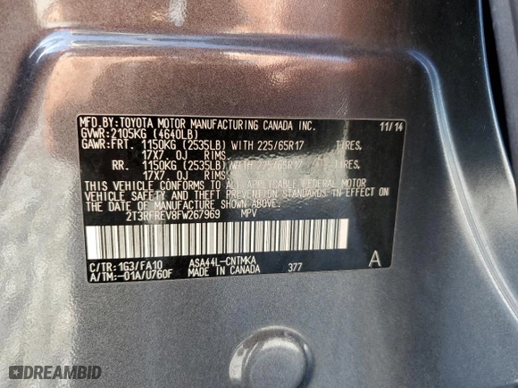 2015 Toyota RAV4 XLE with VIN 2T3RFREV8FW267969, listed as a Copart auction lot 51193245 with 75,019 mi miles and Salvage Title. Bid and sale history available at carsss.com. Image 13.