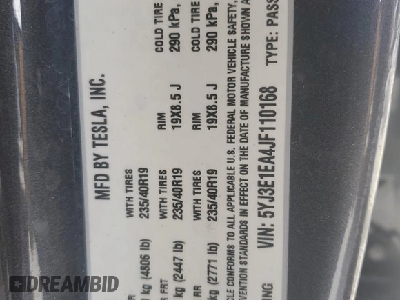 2018 Tesla Model 3 Long Range Battery with VIN 5YJ3E1EA4JF110168, listed as a Copart auction lot 50425285 with 109,295 mi miles and Salvage Title. Bid and sale history available at DreamBid. Image 13.