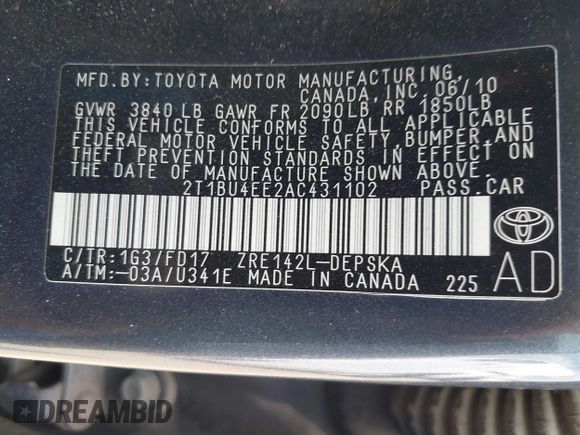 2010 Toyota Corolla with VIN 2T1BU4EE2AC431102, listed as a IAAI auction lot 42075817 with 363,800 mi miles and . Bid and sale history available at DreamBid. Image 9.