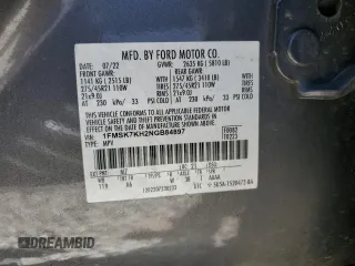 2022 Ford Explorer ST-Line с VIN 1FMSK7KH2NGB84897, выставлен на аукционе Copart как лот 53333595 с пробегом 84 110 миль миль и Списание • Salvage title. История ставок и продаж доступна на DreamBid. Изображение 15.