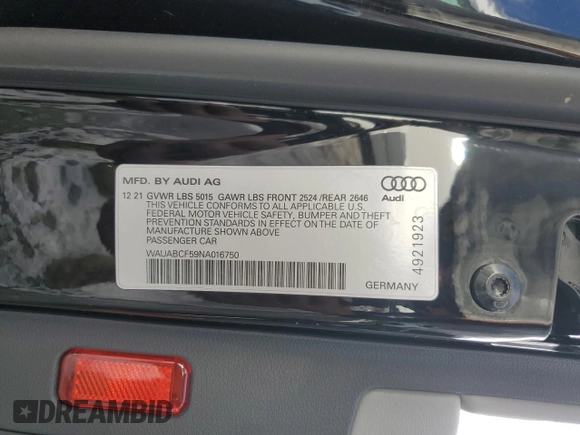 2022 Audi A5 Sportback Premium with VIN WAUABCF59NA016750, listed as a Copart auction lot 41437385 with 16,300 mi miles and Salvage Title. Bid and sale history available at carsss.com. Image 12.