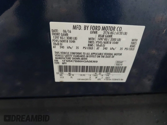 2017 Ford Explorer with VIN 1FM5K7B86HGA08369, listed as a IAAI auction lot 42585591 with 102,986 mi miles and . Bid and sale history available at DreamBid. Image 9.