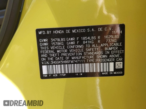 2015 Honda Fit EX-L with VIN 3HGGK5H86FM747111, listed as a IAAI auction lot 42138647 with 88,360 mi miles and . Bid and sale history available at DreamBid. Image 9.